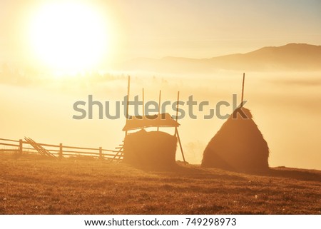 Amazing sunrise landscape with fog and a haystack in autumn. The great sun pours the whole frame into warm light. Location place Carpathian national park, Ukraine, Europe. Artistic picture.