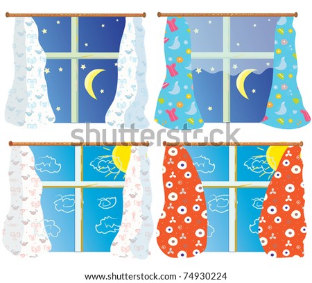 Windows set with pattern curtains in day and night
