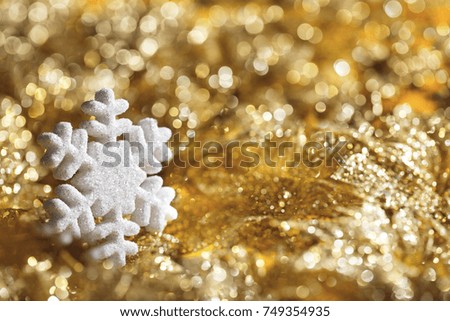 Snowflake Golden Background, Sparkling Snow Flakes Decoration over De Focused Lights