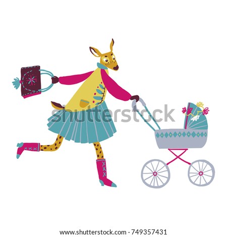Cartoon Deer family. Brightly colored childish animals. Mother and baby. Cute animals for Mother's Day. Animals mom and baby.  Vector illustration. Busy mother.