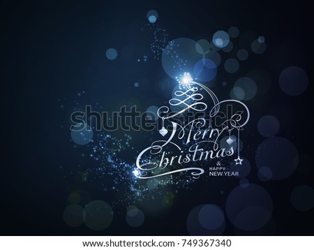 Sparkling Merry Christmas and Happy New Year typography with light effects on dark blue background