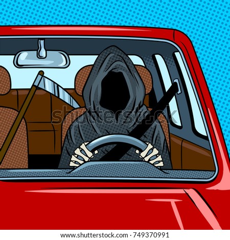 Grim reaper drive car pop art retro vector illustration. Death metaphor. Comic book style imitation.
