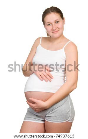 adorable pregnant woman over white
