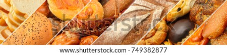 Panoramic set of fresh bread products. Wide format. Royalty-Free Stock Photo #749382877