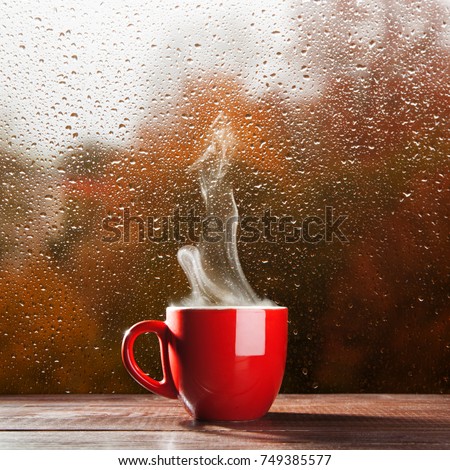 Cup of coffee on a rainy day Royalty-Free Stock Photo #749385577