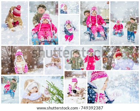 Collage children winter photo. Selective focus. 