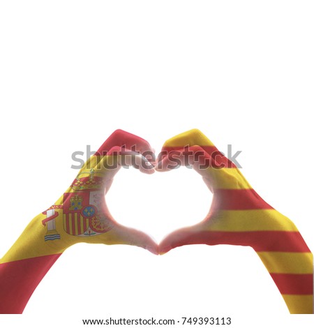 Catalonia Estelada flag  and Spain flag on Catalunya people's heart-shape hands or Catalonia- Spanish unity supporter (isolated with clipping path on white background) for national unity concept