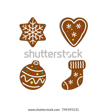 New year collection. Christmas gingerbread snowflake, heart, toy, sock. Vector illustration.