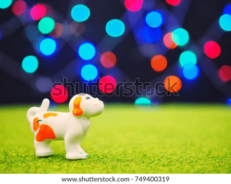 Close up Small Dog Doll on the lawn with colourful Bokeh on background