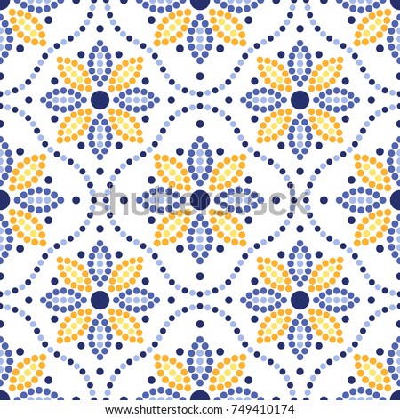 Traditional Portugal azulejos inspired seamless pattern for wall and floor home ceramic design. Dotted blue, yellow and orange print of beads in trellis and mosaic sunflowers.  Vector Illustration. Royalty-Free Stock Photo #749410174