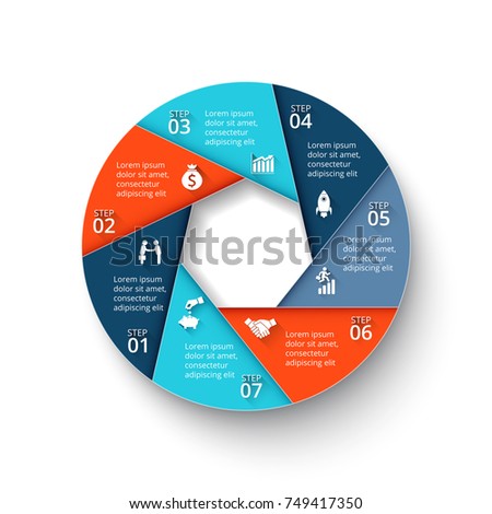 Vector infographic design template. Business concept with 7 options, parts, steps or processes. Can be used for workflow layout, diagram, number options, web design. 
Data visualization.