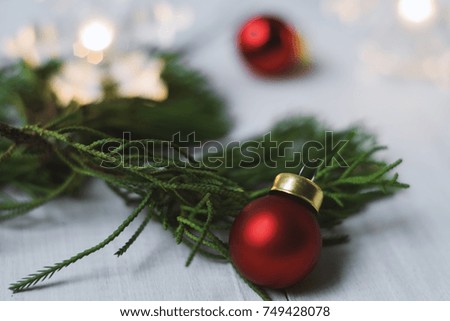 Christmas ball and pine on vintage wooden background,celebration theme happiness party