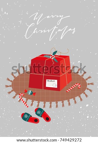  Scandinavian Christmas card. Gift box. Template for Greeting, Congratulations, Invitations, Stickers, Planners. Vector illustration.  Happy New Year Poster.