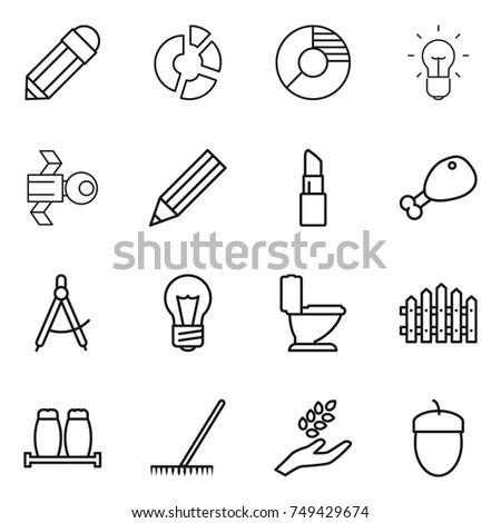 thin line icon set : pencil, circle diagram, bulb, satellite, lipstick, chicken leg, draw compass, toilet, fence, salt pepper, rake, harvest, acorn