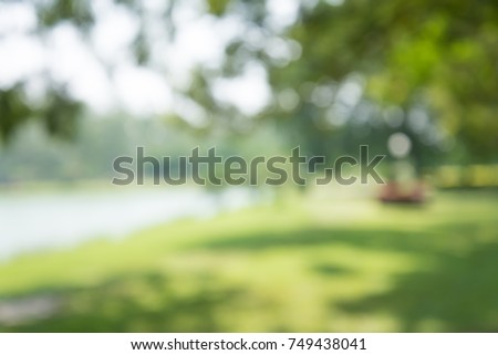 Blur of lake in city park bokeh background in summer, green nature concept