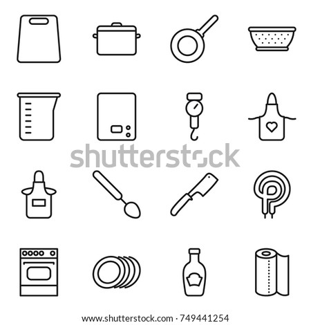 thin line icon set : cutting board, pan, colander, measuring cup, kitchen scales, handle, apron, big spoon, chef knife, elecric oven, plates, ketchup, paper towel