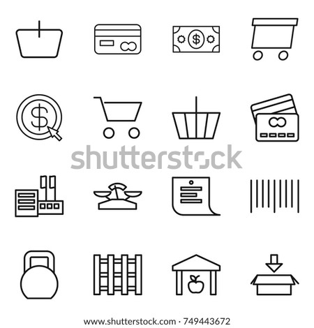 thin line icon set : basket, card, money, delivery, dollar arrow, cart, credit, store, scales, shopping list, bar code, heavy, pallet, warehouse, package