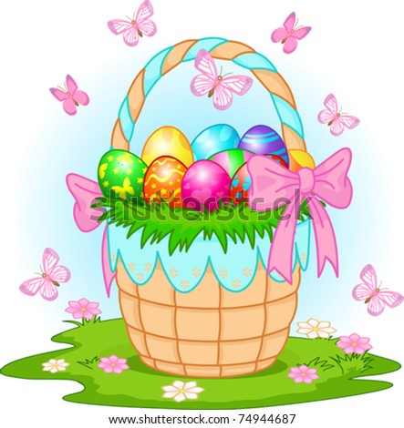 Beautiful Easter basket with colorful eggs on the meadow