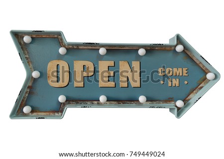 Open sign board with light bulb, arrow shape isolated on white background, vintage style