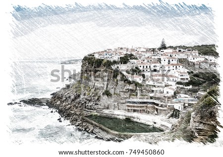 sketch effect picture  of Azenhas do Mar white village landmark on the cliff and Atlantic ocean, Sintra, Lisbon, Portugal, Europe.
