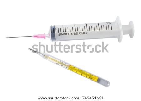 Syringe and thermometer isolated on white background