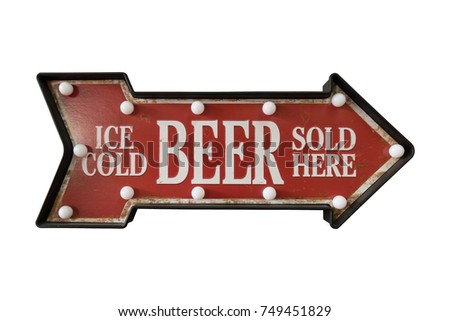 Goods sold food and drink sign board with light bulb, arrow shape isolated on white background, vintage style