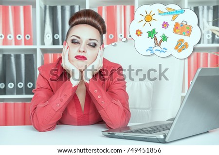 Tired bored businesswoman dreaming about holiday in office. Overwork concept