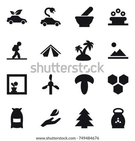 16 vector icon set : eco car, electric car, flower bed, tourist, tent, island, landscape, flower in window, honeycombs, flour, hand leaf, spruce, fertilizer