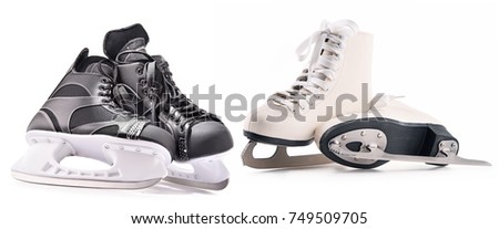 Ice hockey skates and figure skates isolated on white background.