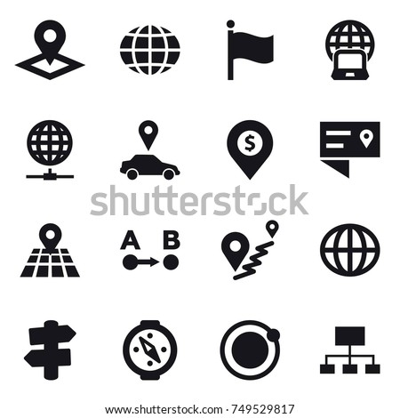 16 vector icon set : pointer, globe, flag, notebook globe, globe connect, car pointer, dollar pin, signpost, compass, hierarchy