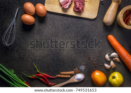 Fresh Vegetables for Healthy Diet on a rustic table. Top view, copy space, dark background Royalty-Free Stock Photo #749531653