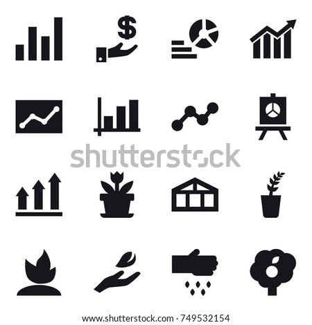 16 vector icon set : graph, investment, diagram, statistic, presentation, graph up, flower, greenhouse, seedling, sprouting, hand leaf, sow, garden