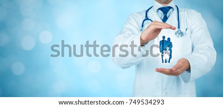 Health (medical) and life insurance for the whole family concept. Practitioner doctor with protective gesture and icon of family. Royalty-Free Stock Photo #749534293