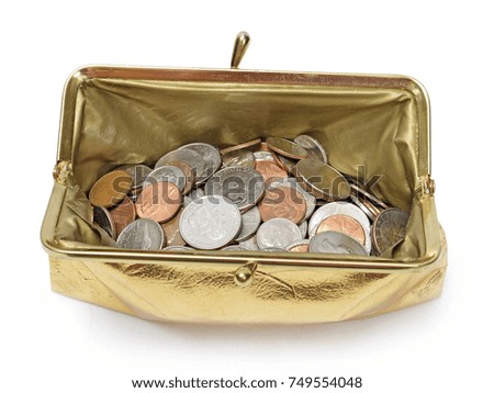 Gold Coin Purse Close Up Full Of Money Isolated on White Background 