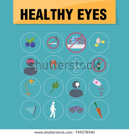 Healthy eyes icons. Food, suggestions, exercises. Raster clip art illustration.