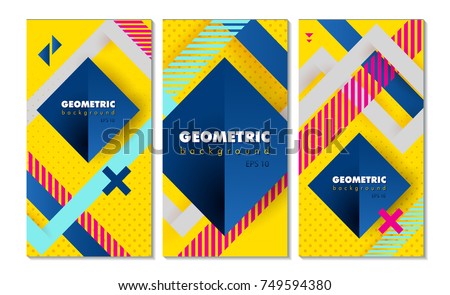 Set of hipster modern geometric abstract background. Bright yellow banner with blue stripes stripes, textured background. Business template for a bright color. Realistic stripes background. Royalty-Free Stock Photo #749594380