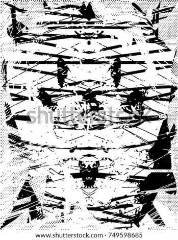 Print distress background in black and white texture with spots, scratches and lines. Vector illustration