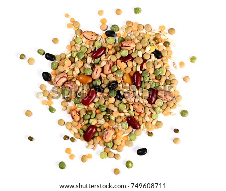 Mixed dried legumes and cereals isolated on white background, top view Royalty-Free Stock Photo #749608711