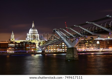 St Paul's Cathedral and Millennium Footbridge over the Thames, London, Uk