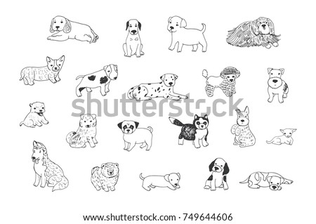 cartoon doodle puppy dog vector line illustrations set