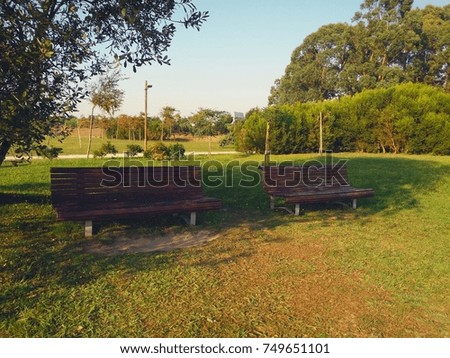 Outdoor bench in the park with the trees, grass and nature in general as a backdrop on a beautiful day of bright sunshine