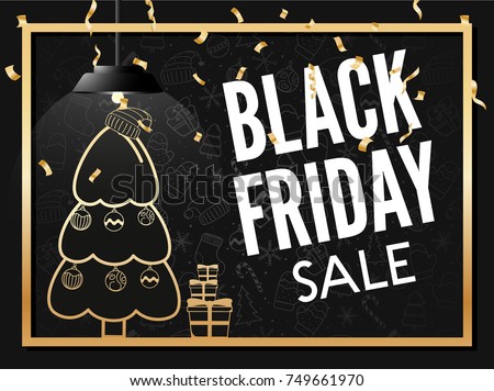 Happy New year sale black friday poster sign on black background with gold Christmas decoration in frame