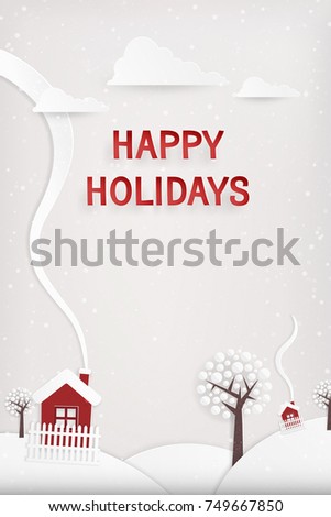 Cute Minimal Winter Christmas Postcard Landscape, with Hills, houses, trees and Snow: Vector Illustration