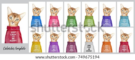 Calendar template, twelve months set and cover. Kitty portrait and different holiday variations of Keep Calm and Carry On slogan phrase on rainbow colors coat. Hand drawn watercolor illustration image