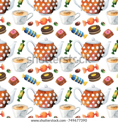 Watercolor seamless pattern of sweets and cookies kettle in polka dots. handmade. Illustration on white background.