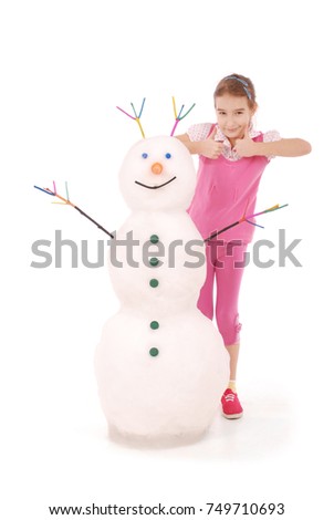 Cute girl with snowman on white background