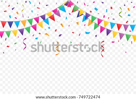 Party Flags with Confetti And Ribbons on transparent background, buntings garlands vector Royalty-Free Stock Photo #749722474