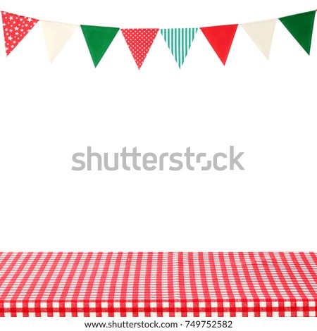 Christmas, new year bunting party flags hanging isolated on white background and wood table, tabletop background for product display montage