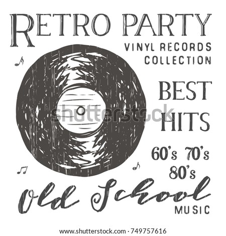 T-shirt design, retro party with vinyl record typography graphics, vector illustration .
