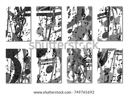 Musical Backgrounds for Posters. Set of 8 Editable Cover Designs with Notes, Bass and Treble Clefs. Vertical Rectangular Backgrounds with Music Symbols Covered with Clipping Mask. Vector Card Design